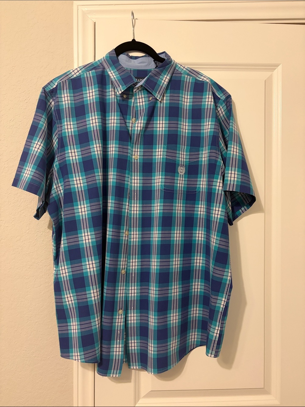 Chaps Blue and Turquoise Plaid Short-Sleeve Button-Down Shirt